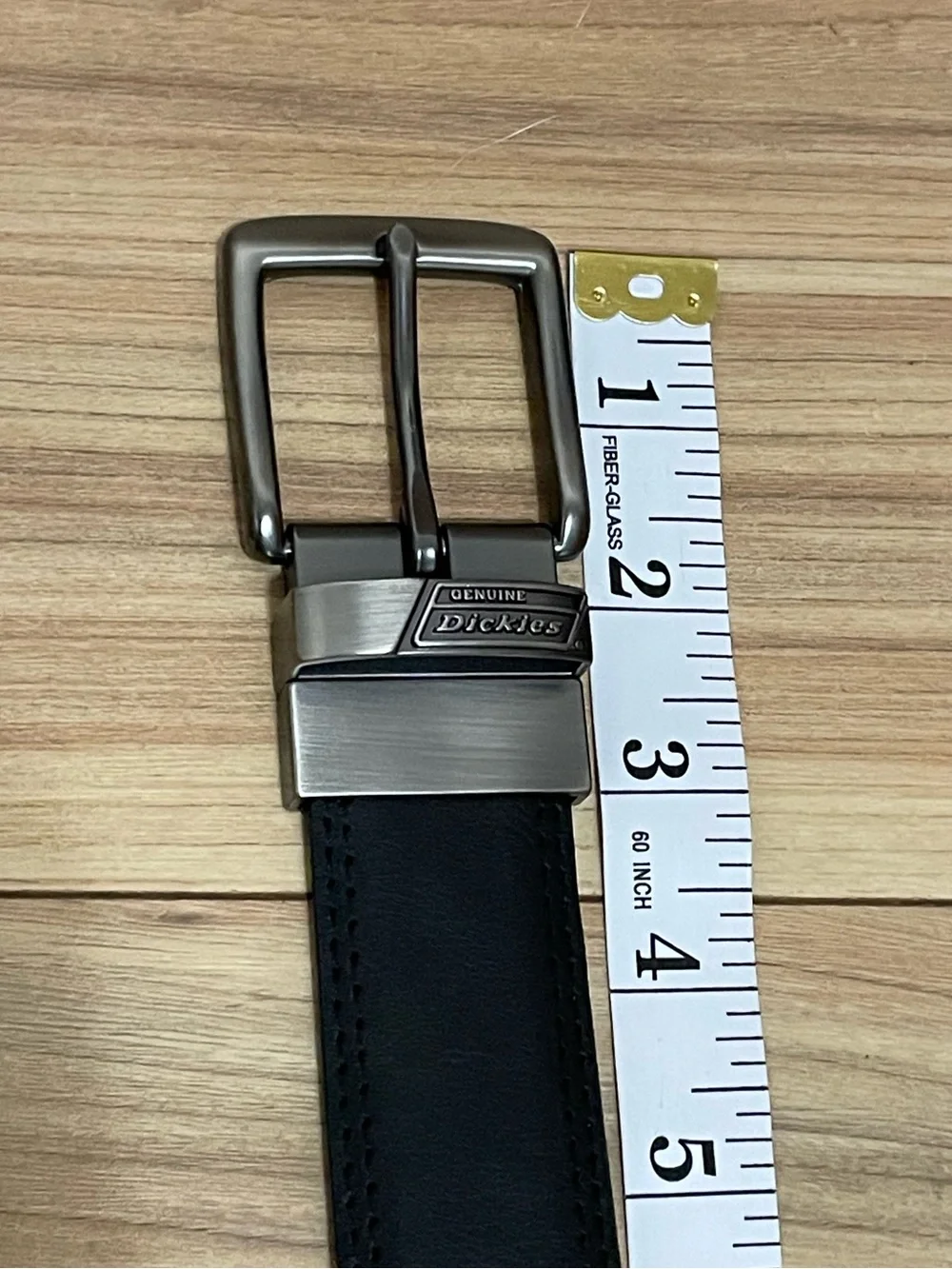 Dickies Black Leather Belt with Silver Tone Metal Buckle.